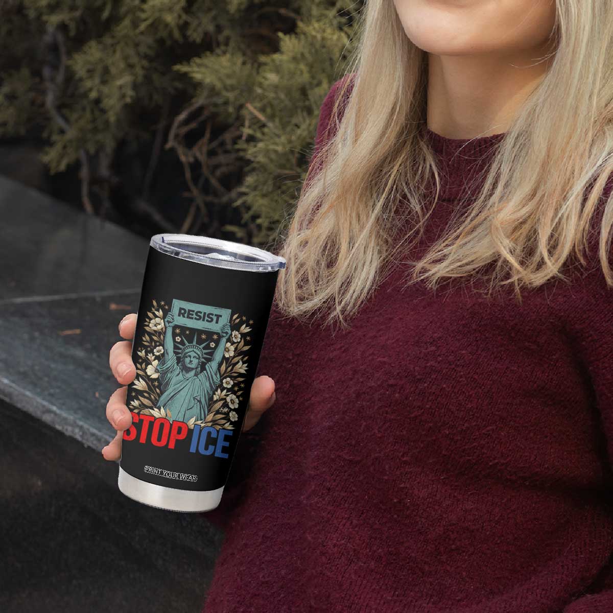 Statue of Liberty Resist Stop Ice Tumbler Cup Floral Activist for Justice and Freedom TS02 Print Your Wear
