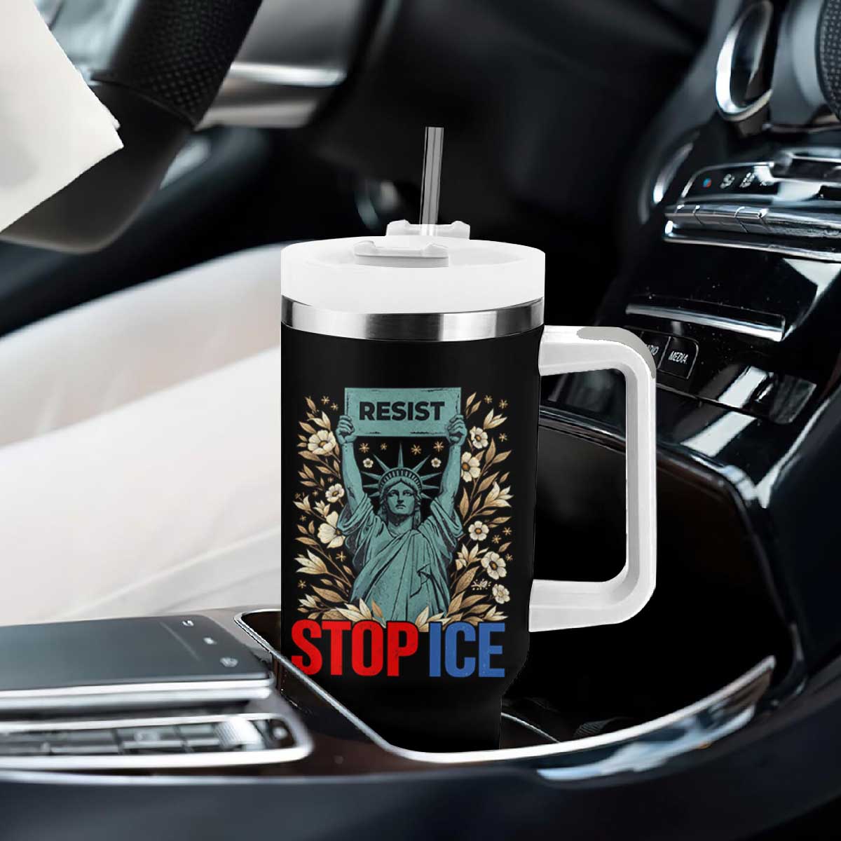 Statue of Liberty Resist Stop Ice Tumbler With Handle Floral Activist for Justice and Freedom TS02 Print Your Wear