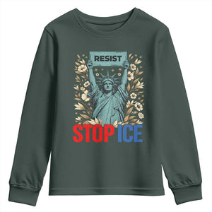Statue of Liberty Resist Stop Ice Youth Sweatshirt Floral Activist for Justice and Freedom TS02 Dark Forest Green Print Your Wear