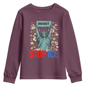 Statue of Liberty Resist Stop Ice Youth Sweatshirt Floral Activist for Justice and Freedom TS02 Maroon Print Your Wear