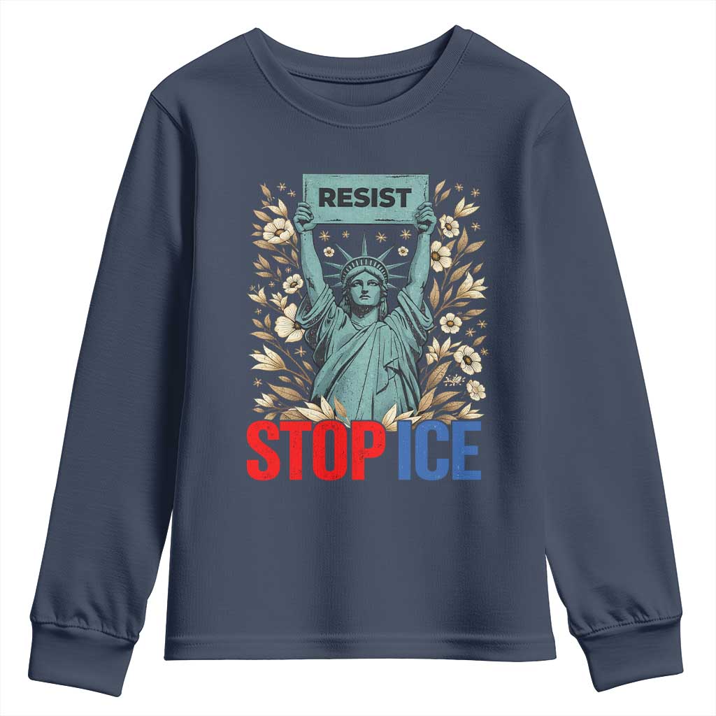 Statue of Liberty Resist Stop Ice Youth Sweatshirt Floral Activist for Justice and Freedom TS02 Navy Print Your Wear