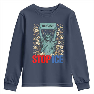 Statue of Liberty Resist Stop Ice Youth Sweatshirt Floral Activist for Justice and Freedom TS02 Navy Print Your Wear