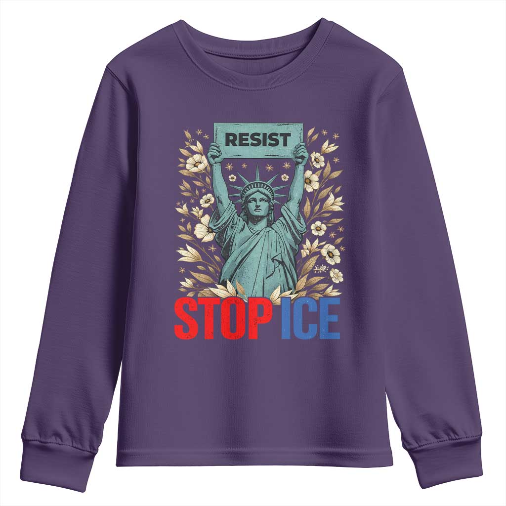 Statue of Liberty Resist Stop Ice Youth Sweatshirt Floral Activist for Justice and Freedom TS02 Purple Print Your Wear