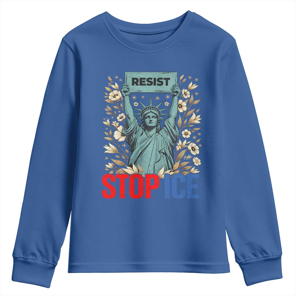 Statue of Liberty Resist Stop Ice Youth Sweatshirt Floral Activist for Justice and Freedom TS02 Royal Blue Print Your Wear
