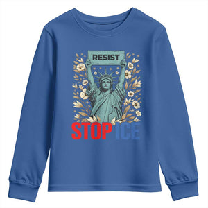 Statue of Liberty Resist Stop Ice Youth Sweatshirt Floral Activist for Justice and Freedom TS02 Royal Blue Print Your Wear