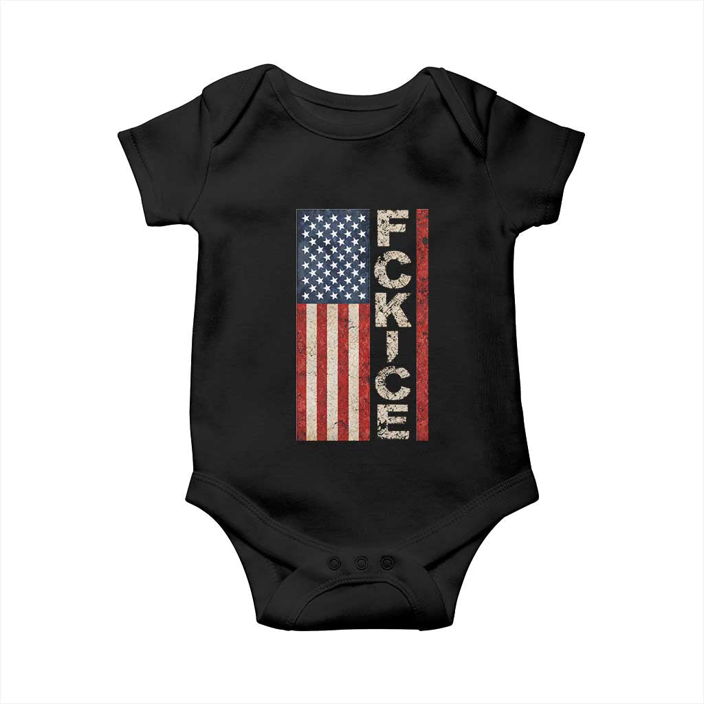 F Ice Retro Distressed American Flag Baby Onesie Patriotic Against Ice Justice Protest Resistance TS02 Black Print Your Wear