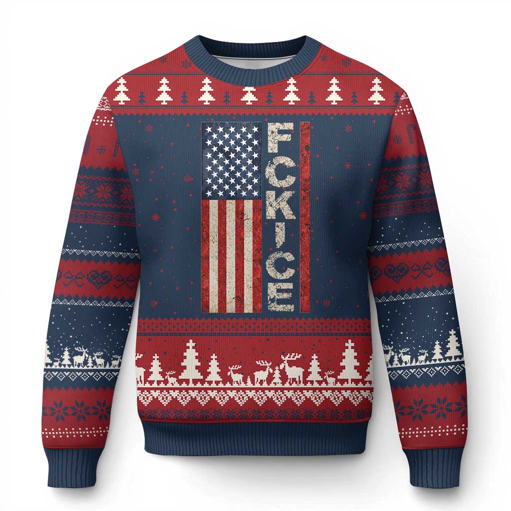 F Ice Retro Distressed American Flag Ugly Christmas Sweater Patriotic Against Ice Justice Protest Resistance TS02 Navy Red Print Your Wear