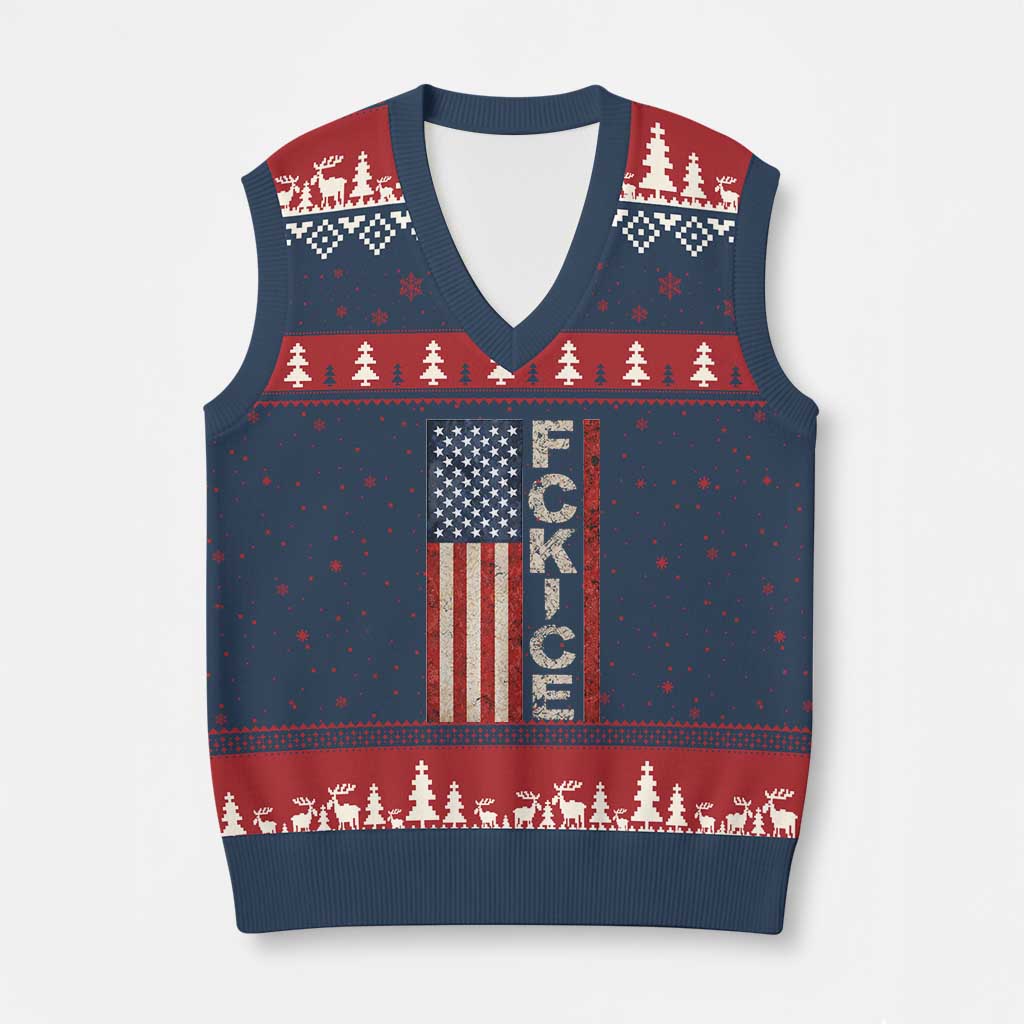 F Ice Retro Distressed American Flag V-Neck Knit Sweater Vest Patriotic Against Ice Justice Protest Resistance TS02 Navy Red Print Your Wear