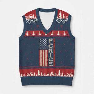 F Ice Retro Distressed American Flag V-Neck Knit Sweater Vest Patriotic Against Ice Justice Protest Resistance TS02 Navy Red Print Your Wear