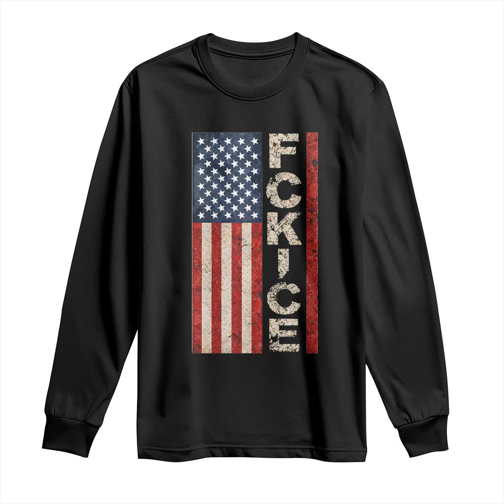 F Ice Retro Distressed American Flag Long Sleeve Shirt Patriotic Against Ice Justice Protest Resistance TS02 Black Print Your Wear