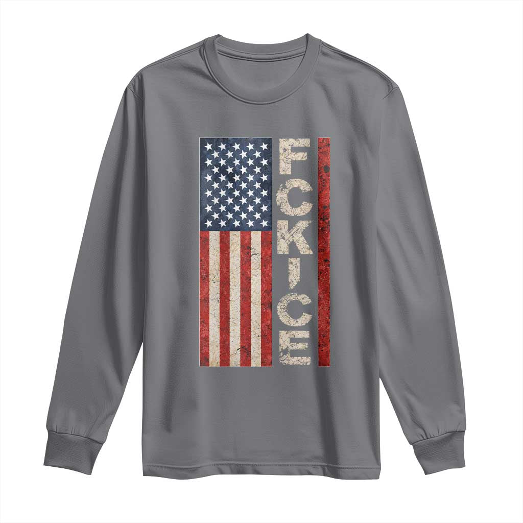 F Ice Retro Distressed American Flag Long Sleeve Shirt Patriotic Against Ice Justice Protest Resistance TS02 Charcoal Print Your Wear