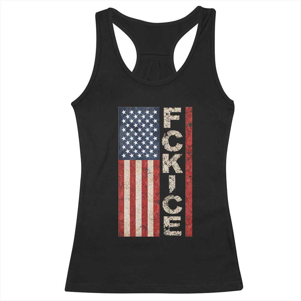 F Ice Retro Distressed American Flag Racerback Tank Top Patriotic Against Ice Justice Protest Resistance TS02 Black Print Your Wear