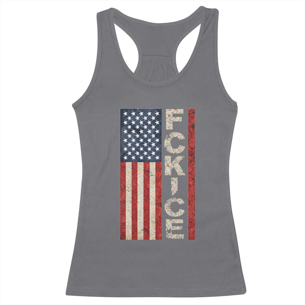 F Ice Retro Distressed American Flag Racerback Tank Top Patriotic Against Ice Justice Protest Resistance TS02 Charcoal Print Your Wear