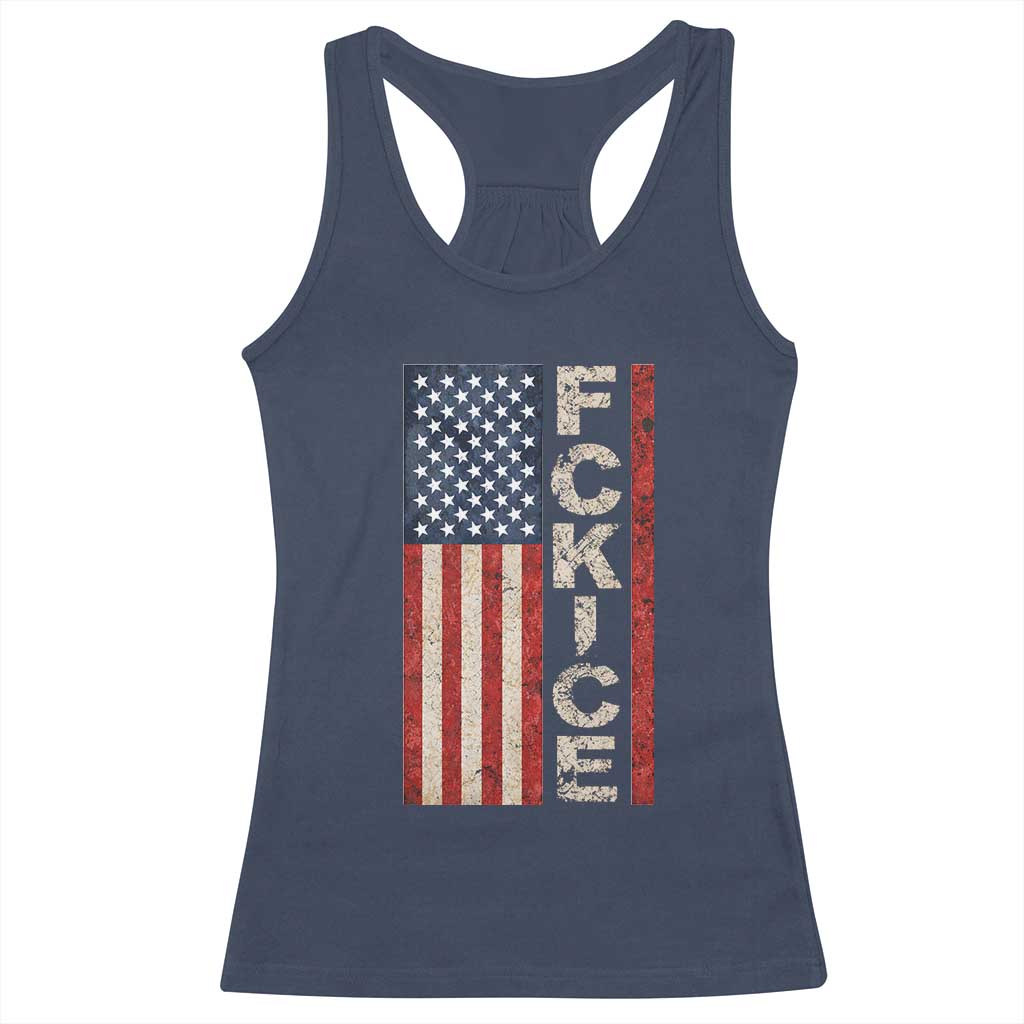 F Ice Retro Distressed American Flag Racerback Tank Top Patriotic Against Ice Justice Protest Resistance TS02 Navy Print Your Wear