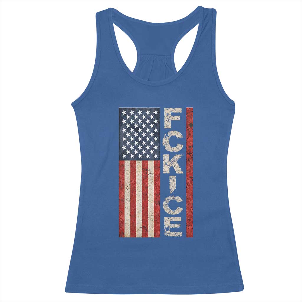 F Ice Retro Distressed American Flag Racerback Tank Top Patriotic Against Ice Justice Protest Resistance TS02 Royal Blue Print Your Wear