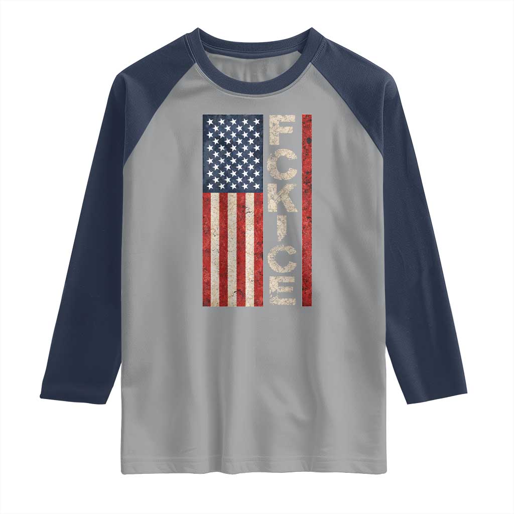 F Ice Retro Distressed American Flag Raglan Shirt Patriotic Against Ice Justice Protest Resistance TS02 Sport Gray Navy Print Your Wear