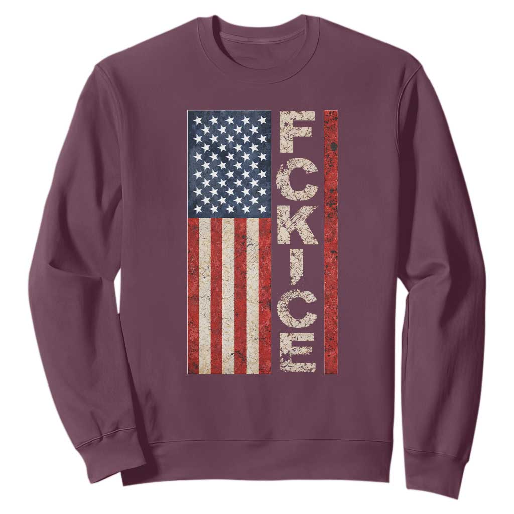 F Ice Retro Distressed American Flag Sweatshirt Patriotic Against Ice Justice Protest Resistance TS02 Maroon Print Your Wear