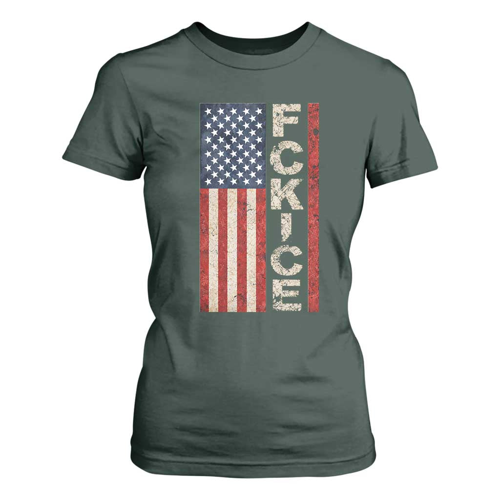 F Ice Retro Distressed American Flag T Shirt For Women Patriotic Against Ice Justice Protest Resistance TS02 Dark Forest Green Print Your Wear