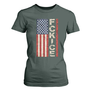 F Ice Retro Distressed American Flag T Shirt For Women Patriotic Against Ice Justice Protest Resistance TS02 Dark Forest Green Print Your Wear