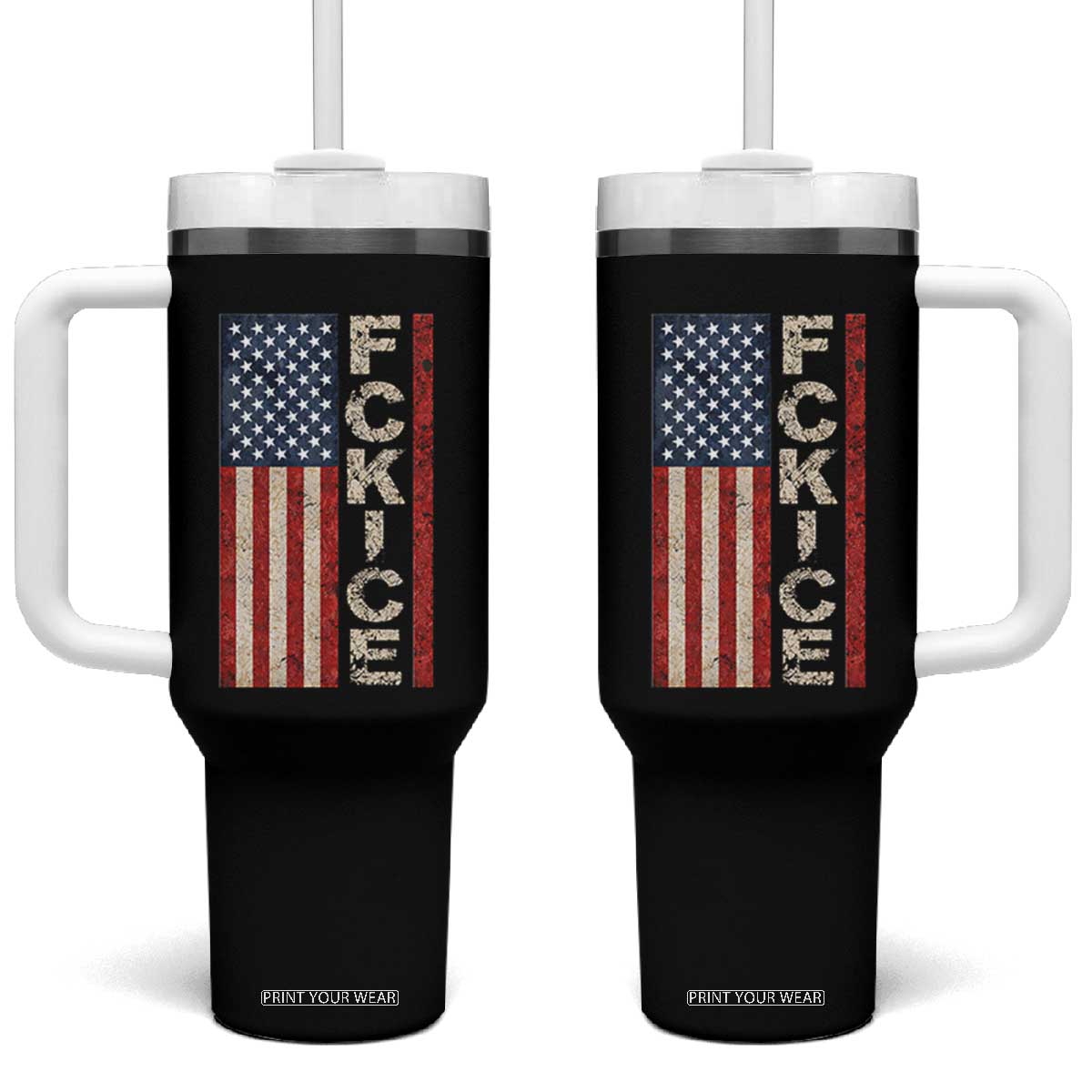 F Ice Retro Distressed American Flag Tumbler With Handle Patriotic Against Ice Justice Protest Resistance TS02 One Size: 40 oz Black Print Your Wear