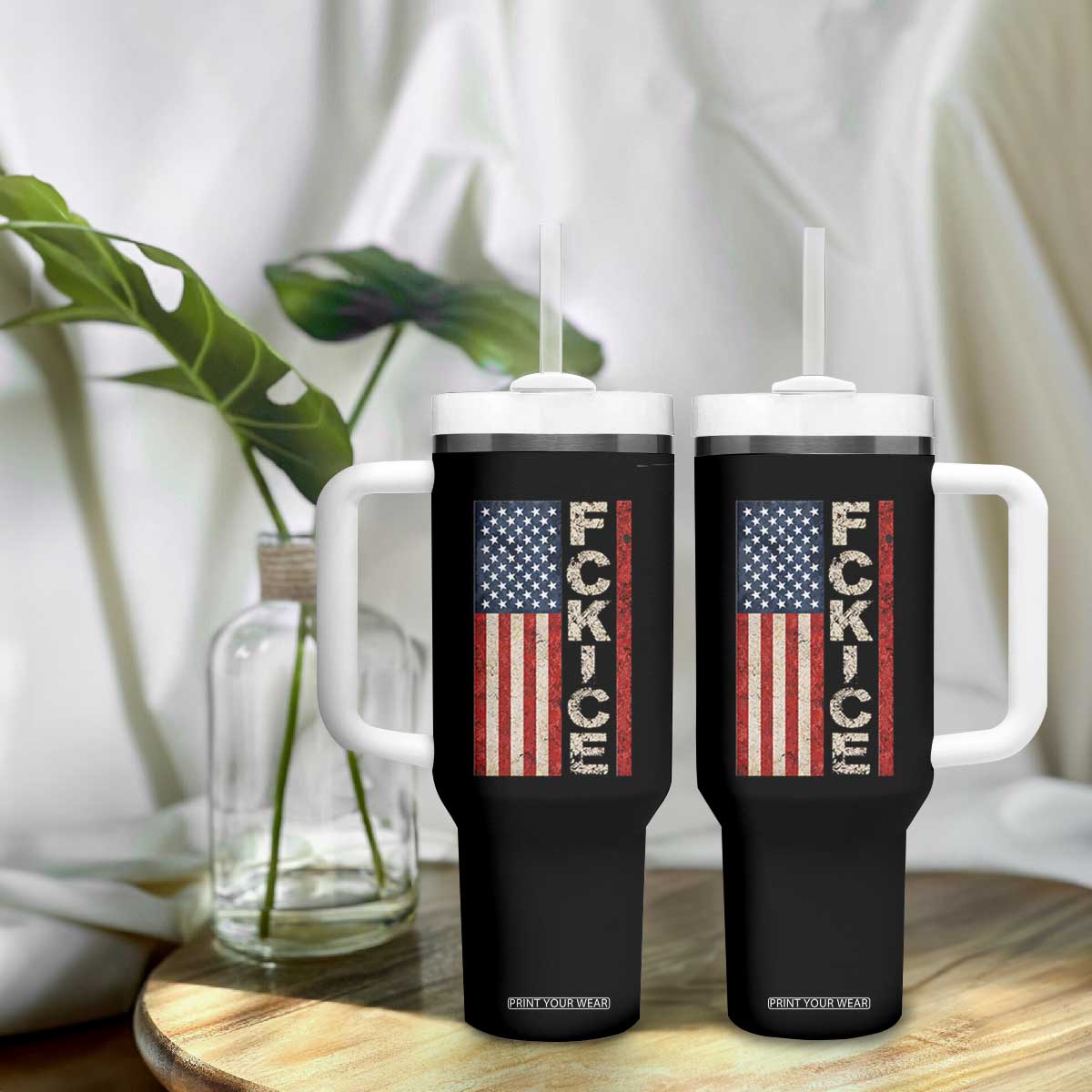 F Ice Retro Distressed American Flag Tumbler With Handle Patriotic Against Ice Justice Protest Resistance TS02 Print Your Wear