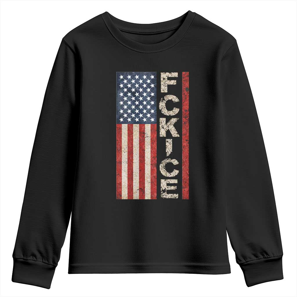 F Ice Retro Distressed American Flag Youth Sweatshirt Patriotic Against Ice Justice Protest Resistance TS02 Black Print Your Wear