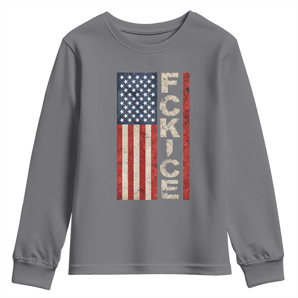 F Ice Retro Distressed American Flag Youth Sweatshirt Patriotic Against Ice Justice Protest Resistance TS02 Charcoal Print Your Wear