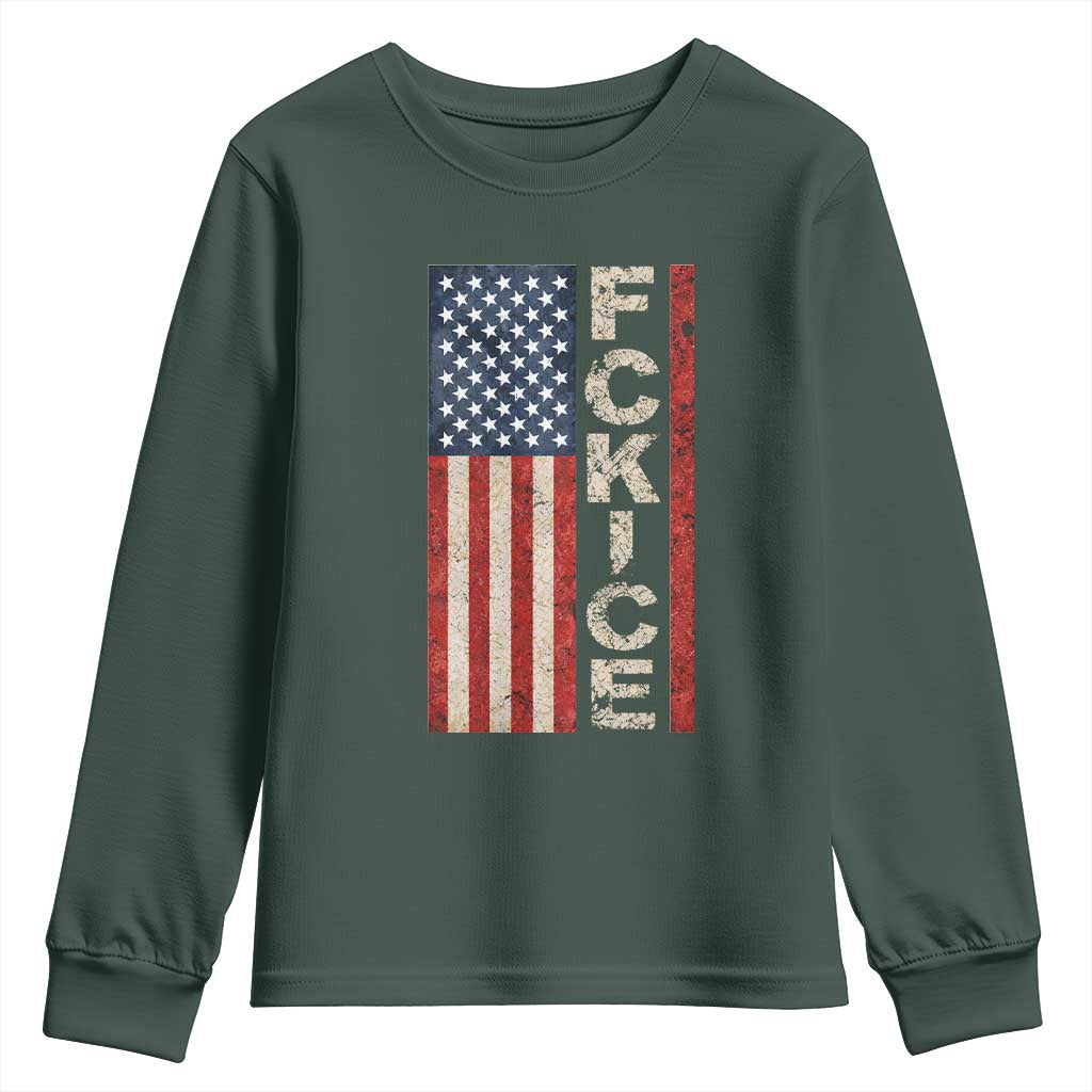 F Ice Retro Distressed American Flag Youth Sweatshirt Patriotic Against Ice Justice Protest Resistance TS02 Dark Forest Green Print Your Wear