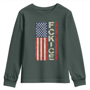 F Ice Retro Distressed American Flag Youth Sweatshirt Patriotic Against Ice Justice Protest Resistance TS02 Dark Forest Green Print Your Wear
