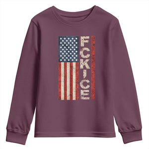 F Ice Retro Distressed American Flag Youth Sweatshirt Patriotic Against Ice Justice Protest Resistance TS02 Maroon Print Your Wear