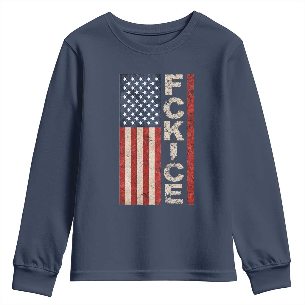 F Ice Retro Distressed American Flag Youth Sweatshirt Patriotic Against Ice Justice Protest Resistance TS02 Navy Print Your Wear