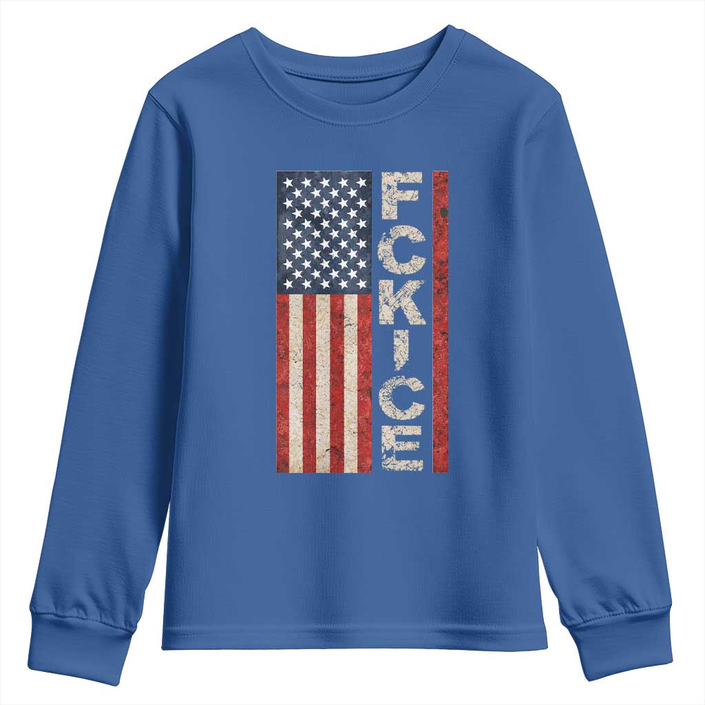 F Ice Retro Distressed American Flag Youth Sweatshirt Patriotic Against Ice Justice Protest Resistance TS02 Royal Blue Print Your Wear