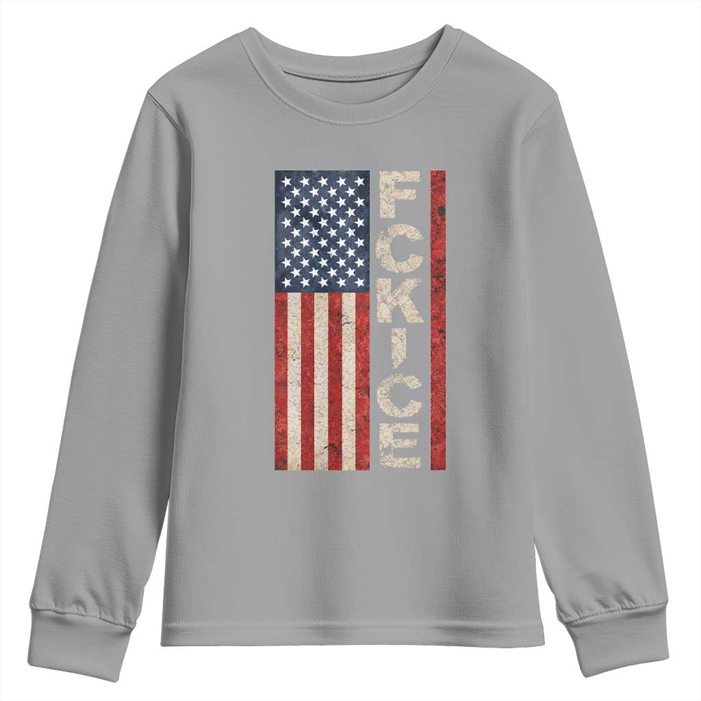 F Ice Retro Distressed American Flag Youth Sweatshirt Patriotic Against Ice Justice Protest Resistance TS02 Sport Gray Print Your Wear