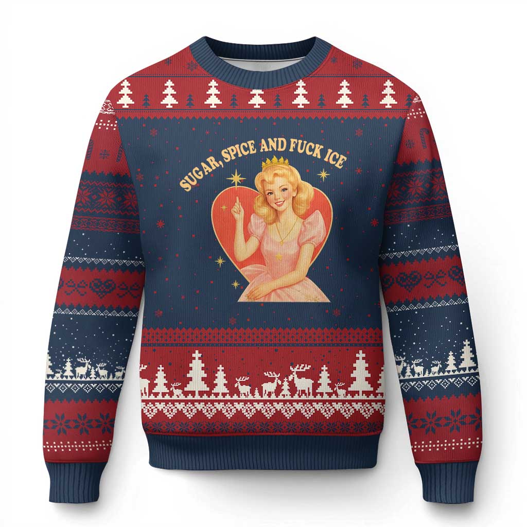 Sugar Spice and F Ice Retro Fairy Ugly Christmas Sweater Feminist Against Ice Protest Political Resistance TS02 Navy Red Print Your Wear