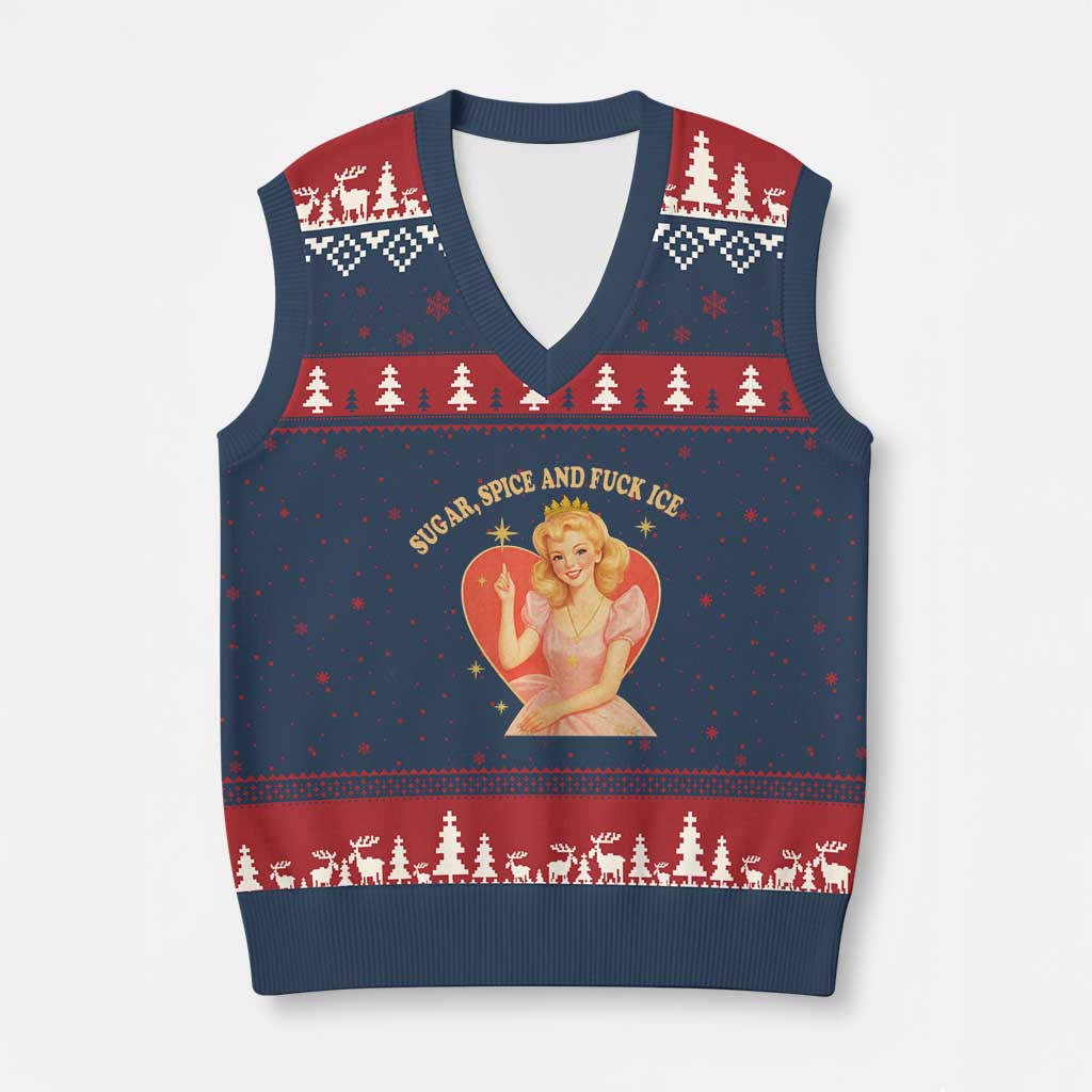 Sugar Spice and F Ice Retro Fairy V-Neck Knit Sweater Vest Feminist Against Ice Protest Political Resistance TS02 Navy Red Print Your Wear