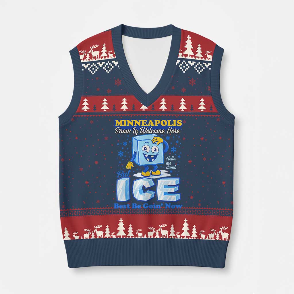 Snow is Welcome Ice is Not V-Neck Knit Sweater Vest Funny Against Ice Minneapolis Resistance and Justice TS02 Navy Red Print Your Wear
