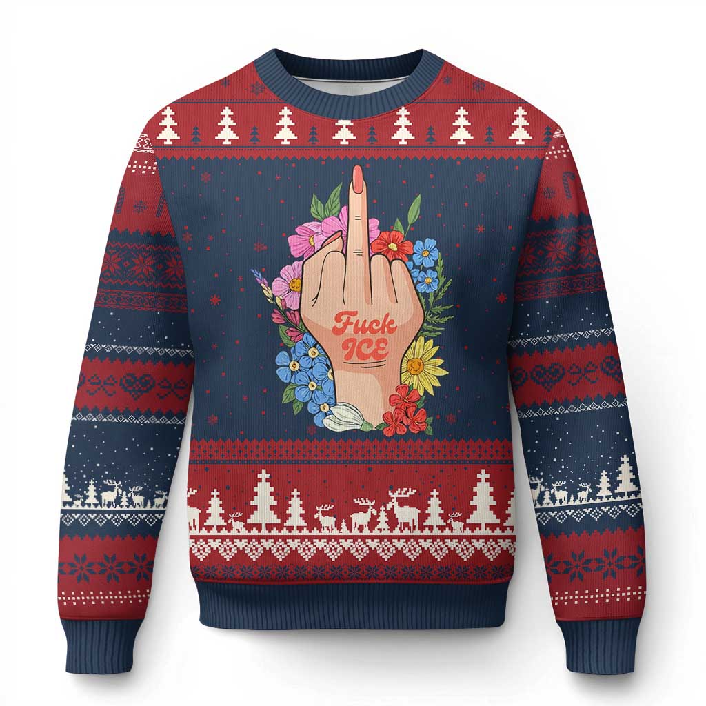Floral Middle Finger F Ice Ugly Christmas Sweater TS02 Navy Red Print Your Wear