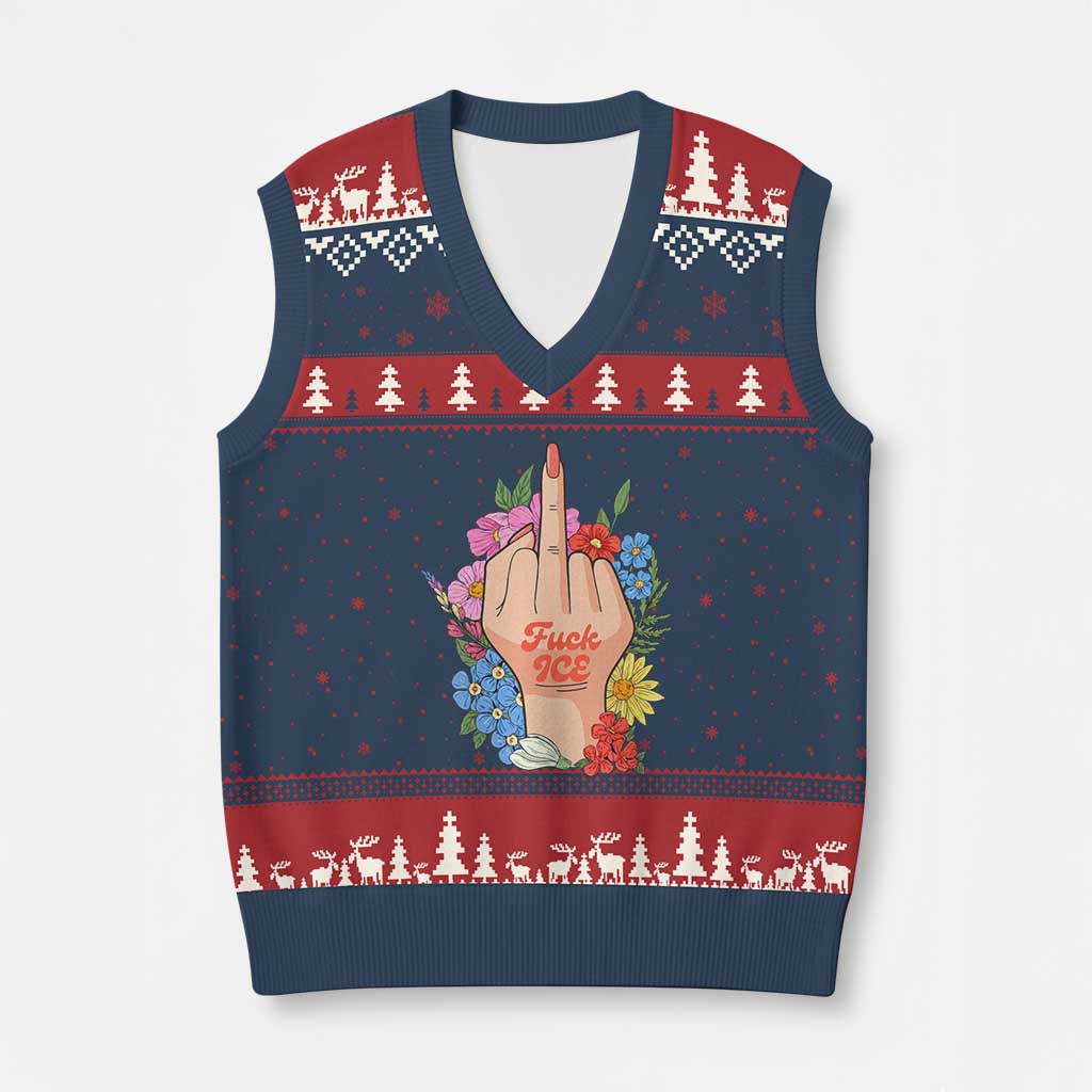 Floral Middle Finger F Ice V-Neck Knit Sweater Vest TS02 Navy Red Print Your Wear