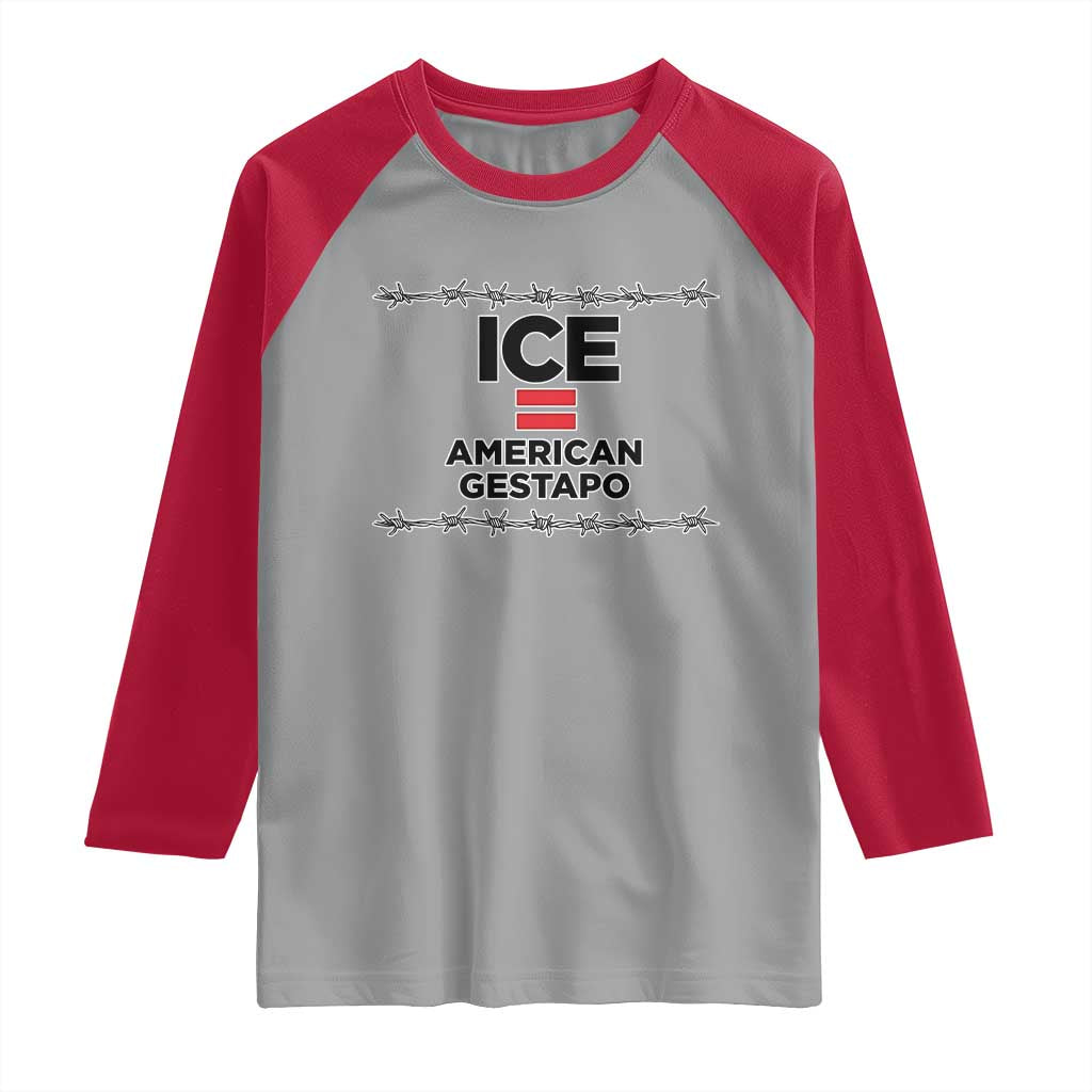 Ice Equals American Gestapo Raglan Shirt Barbed Wire Protest Political Resistance TS02 Sport Gray Red Print Your Wear