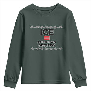 Ice Equals American Gestapo Youth Sweatshirt Barbed Wire Protest Political Resistance TS02 Dark Forest Green Print Your Wear