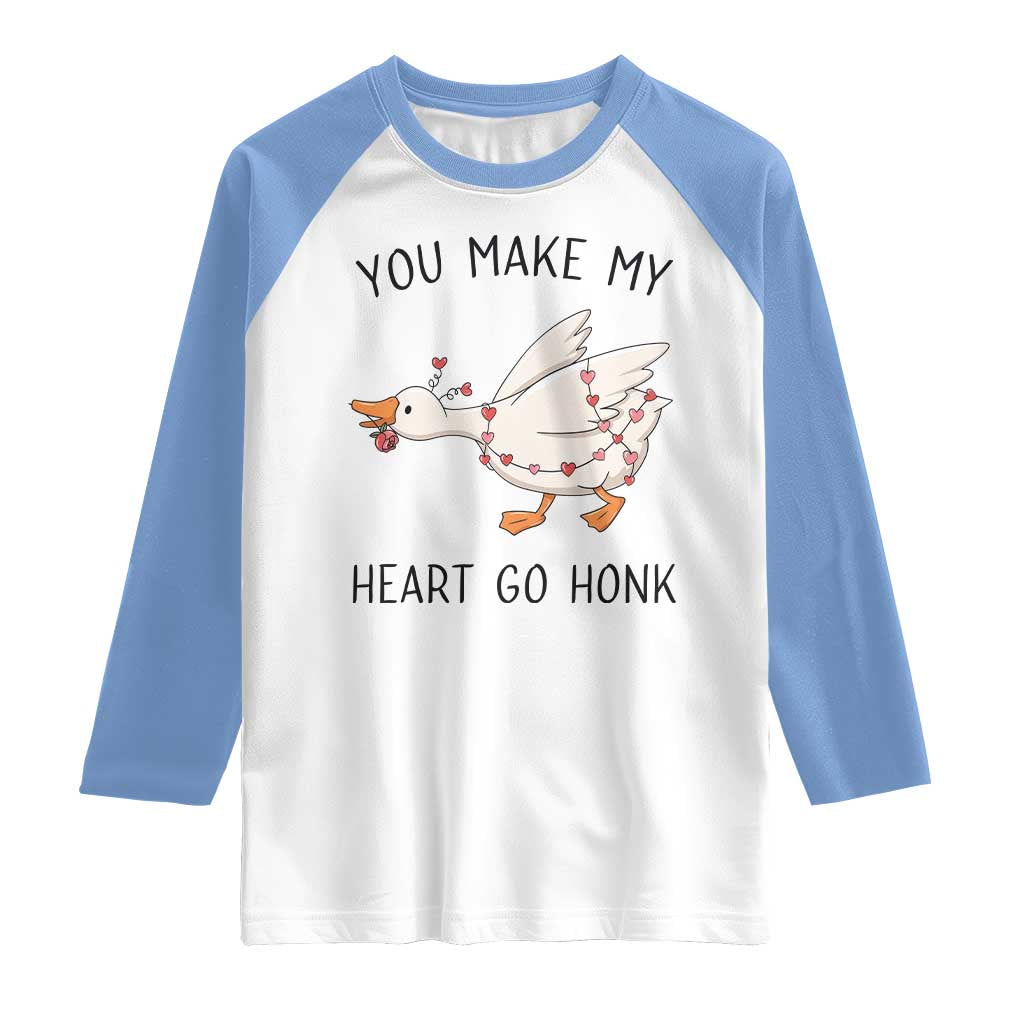 Funny Valentine Goose Raglan Shirt You Make My Heart Go Honk Cute Romantic Gift TS02 White Carolina Blue Print Your Wear