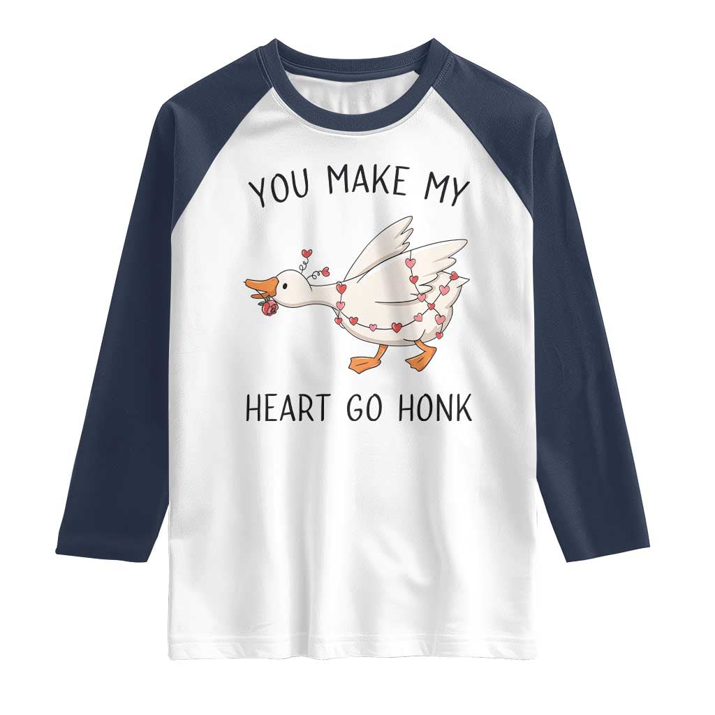 Funny Valentine Goose Raglan Shirt You Make My Heart Go Honk Cute Romantic Gift TS02 White Navy Print Your Wear