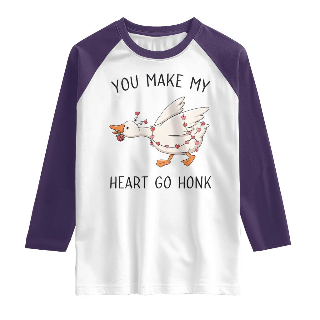 Funny Valentine Goose Raglan Shirt You Make My Heart Go Honk Cute Romantic Gift TS02 White Purple Print Your Wear