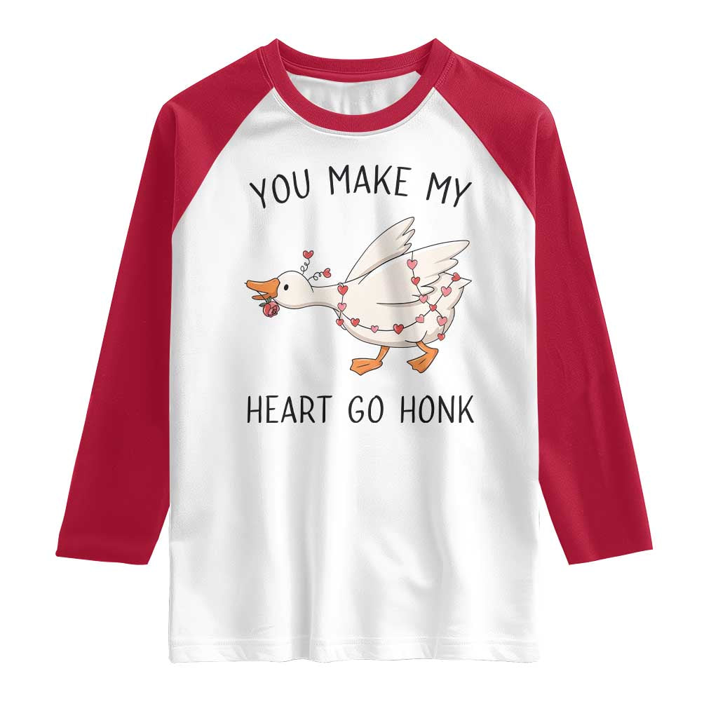 Funny Valentine Goose Raglan Shirt You Make My Heart Go Honk Cute Romantic Gift TS02 White Red Print Your Wear