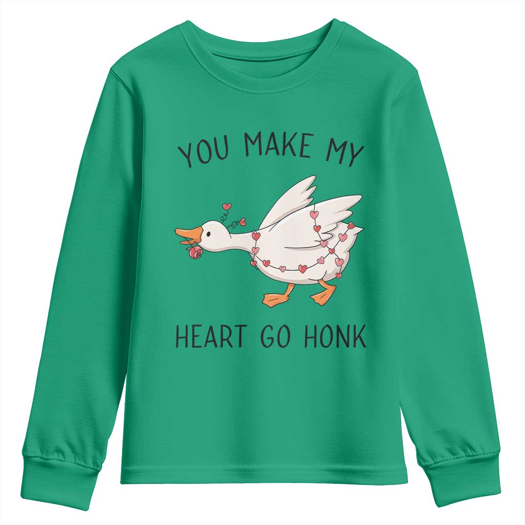 Funny Valentine Goose Youth Sweatshirt You Make My Heart Go Honk Cute Romantic Gift TS02 Irish Green Print Your Wear