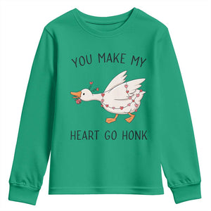 Funny Valentine Goose Youth Sweatshirt You Make My Heart Go Honk Cute Romantic Gift TS02 Irish Green Print Your Wear