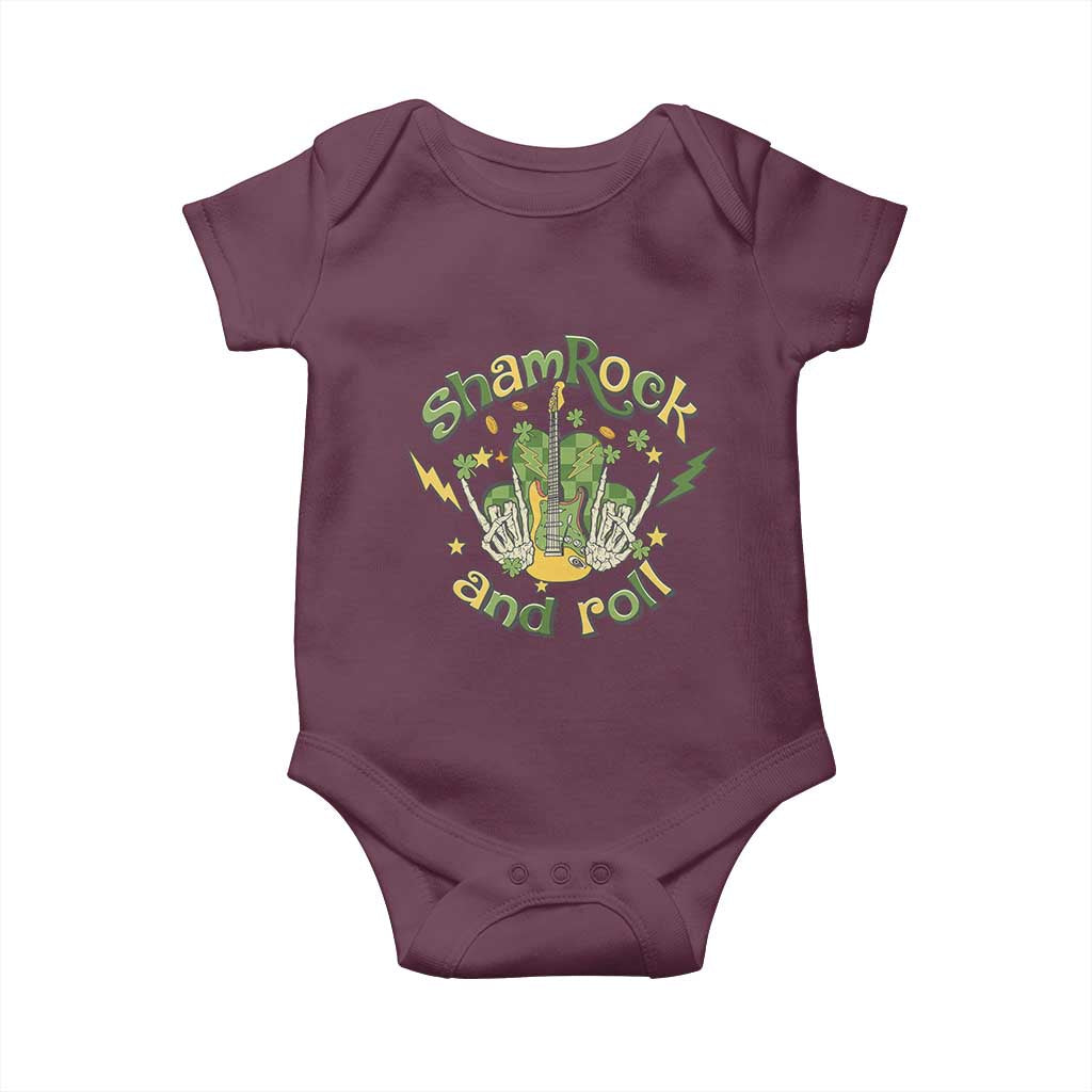 Funny St Patricks Day Baby Onesie Shamrock 'N Roll Irish Music Rocking Skeleton Hand with Guitar TS02 Maroon Print Your Wear
