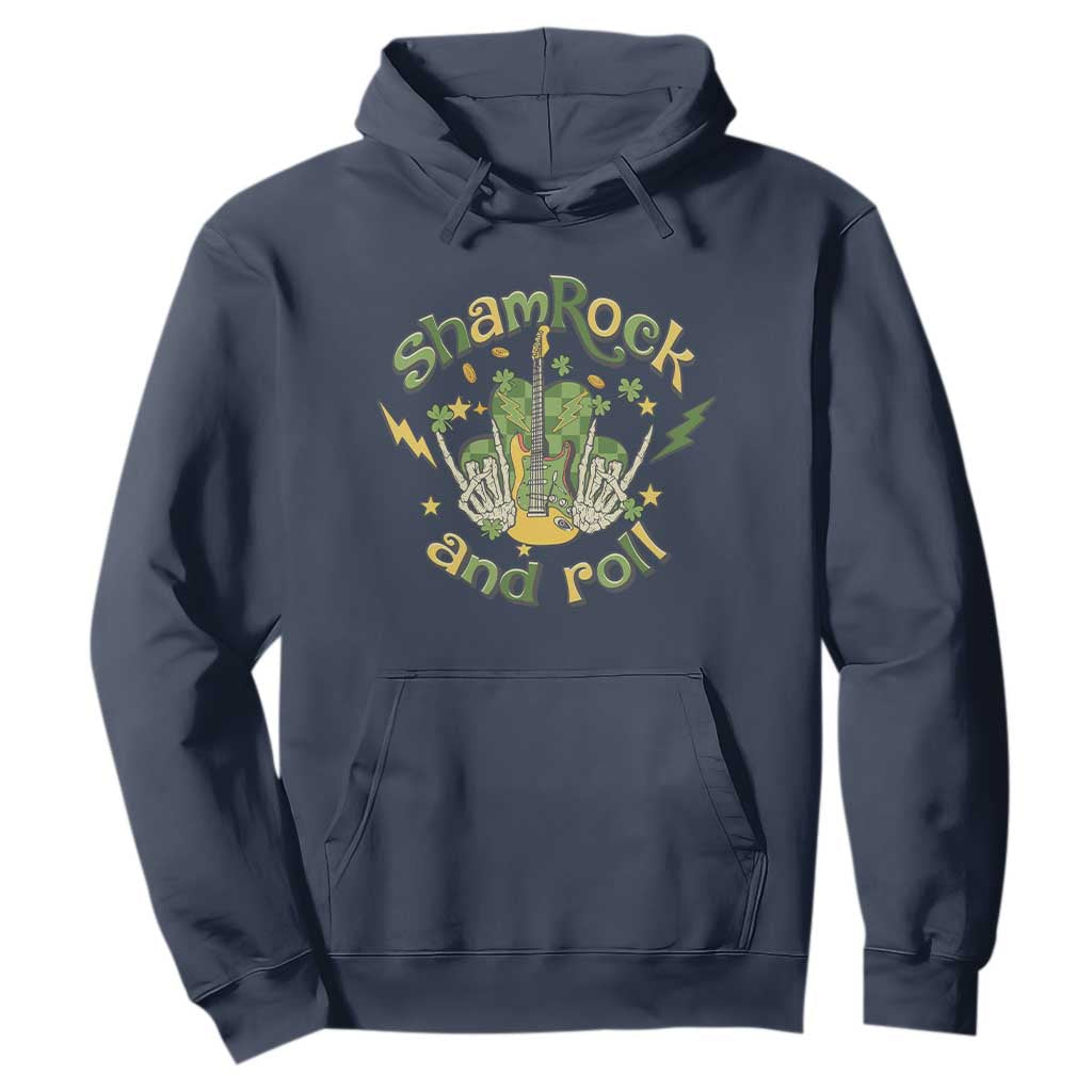 Funny St. Patricks Day Hoodie Shamrock 'N Roll Irish Music Rocking Skeleton Hand with Guitar TS02 Navy Printyourwear