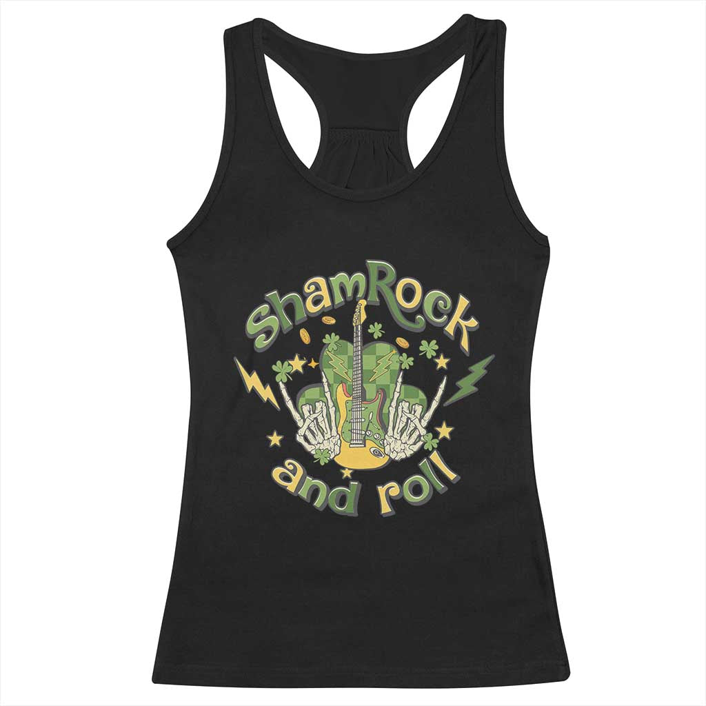 Funny St Patricks Day Racerback Tank Top Shamrock 'N Roll Irish Music Rocking Skeleton Hand with Guitar TS02 Black Print Your Wear