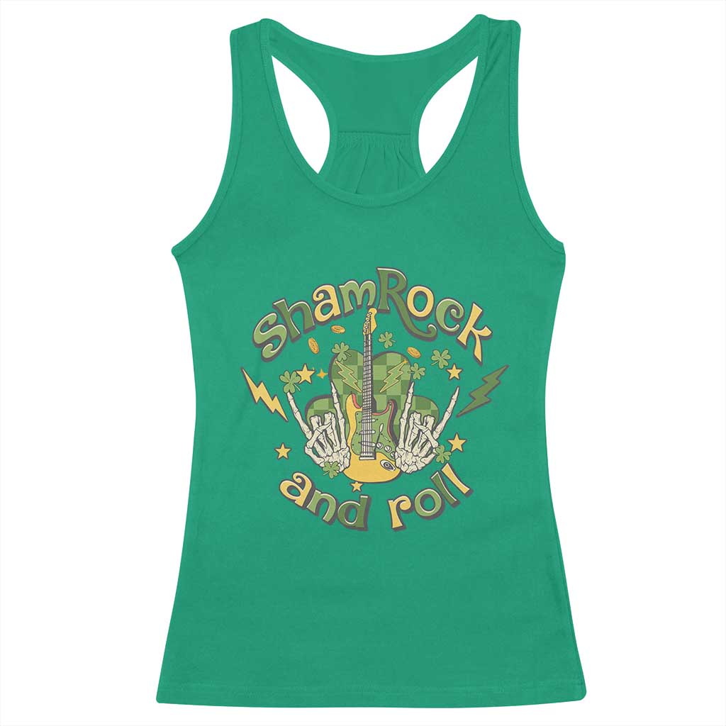 Funny St Patricks Day Racerback Tank Top Shamrock 'N Roll Irish Music Rocking Skeleton Hand with Guitar TS02 Irish Green Print Your Wear